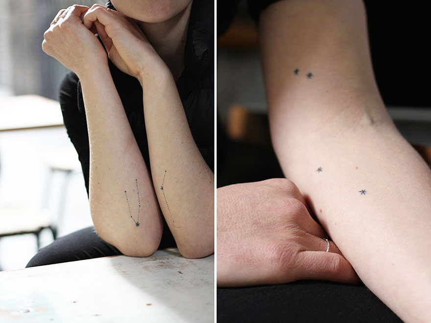 Minimalist tattoo on an arm with small star designs by an artist in exchange for food, lessons, or books. Minimalist tattoo on an arm with small star designs by an artist in exchange for food, lessons, or books.