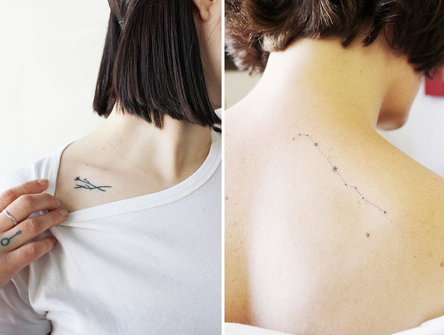 Minimalist tattoos on individuals, featuring a branch on the collarbone and a constellation on the shoulder. Minimalist tattoos on individuals, featuring a branch on the collarbone and a constellation on the shoulder.