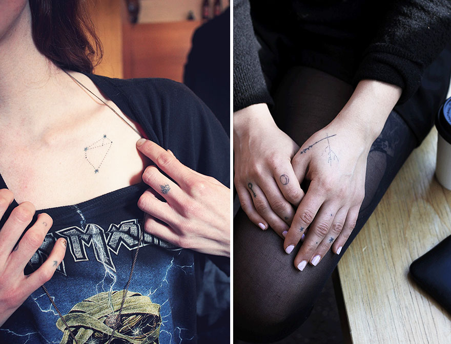 Minimalist tattoos on a woman's chest and hands, featuring constellation and line designs. Minimalist tattoos on a woman's chest and hands, featuring constellation and line designs.