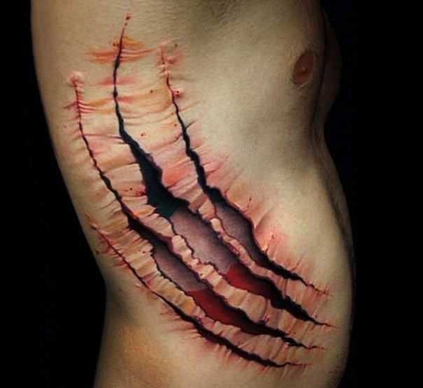 Realistic 3D tattoo of claw marks on skin, showcasing an illusion of depth and texture.