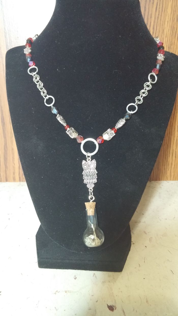 Red And Black Owl Reliquary Necklace