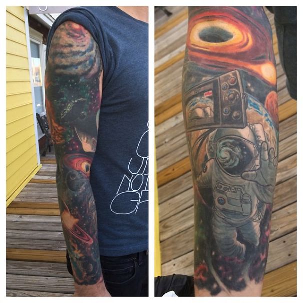 Colorful space tattoo on arm depicting cosmic scenery for astronomy lovers.