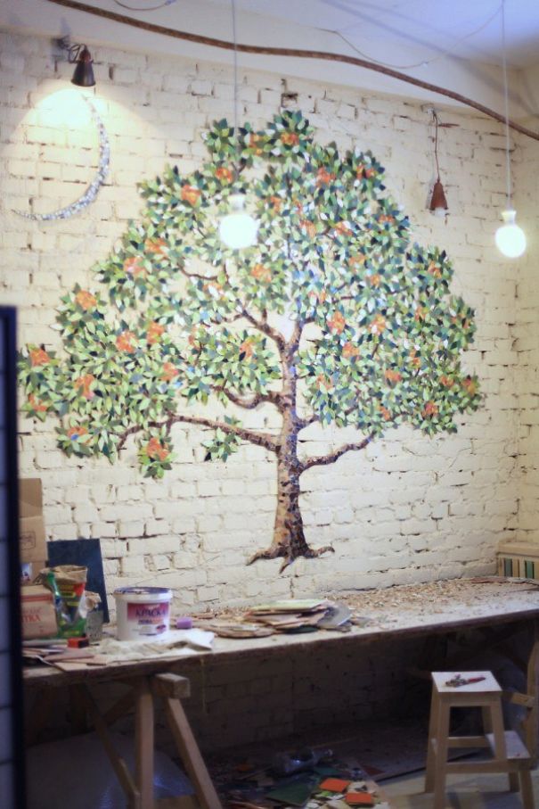 Orange Tree Wall Design From Small Pieces Of Mosaic