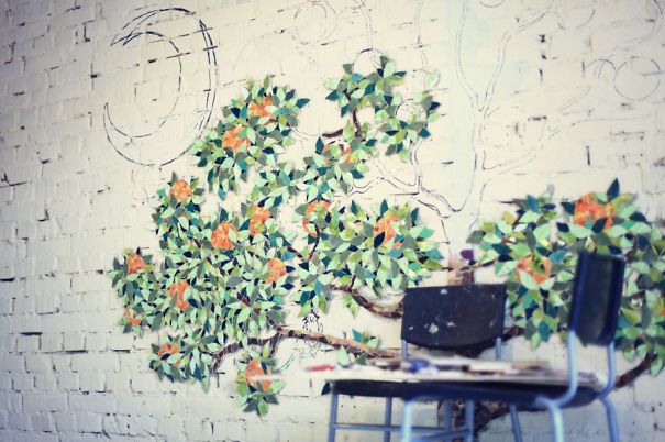 Orange Tree Wall Design From Small Pieces Of Mosaic
