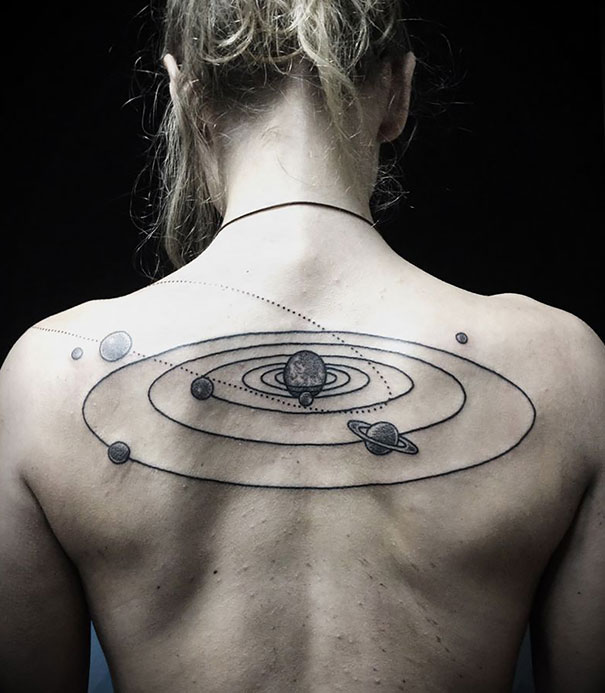 Back tattoo featuring cosmic design with planets, ideal for astronomy lovers.