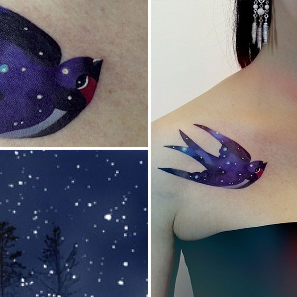 Colorful cosmic whale arm tattoo for astronomy lovers.