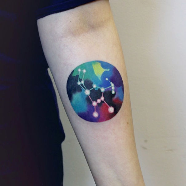 Colorful arm tattoo of an Oregon constellation, perfect for astronomy lovers seeking cosmic tattoo ideas.