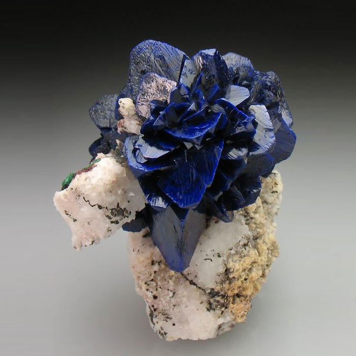 Deep blue mineral and stone with crystalline formations on a rocky base.