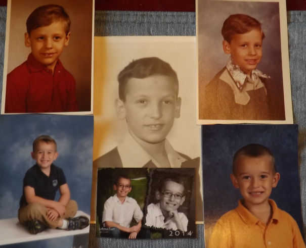 Dad/grandpa(center), Son/uncle(top Corners), Grandson (bottom)