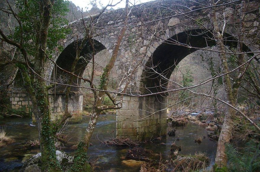 Ancient mystical stone bridge over a calm river surrounded by bare trees and moss in a forest setting.
