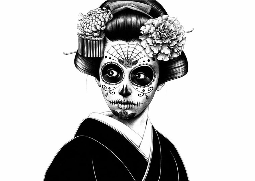 Traditional Geisha Wearing The Makeup Of A Mexican Day Of The Dead Skull