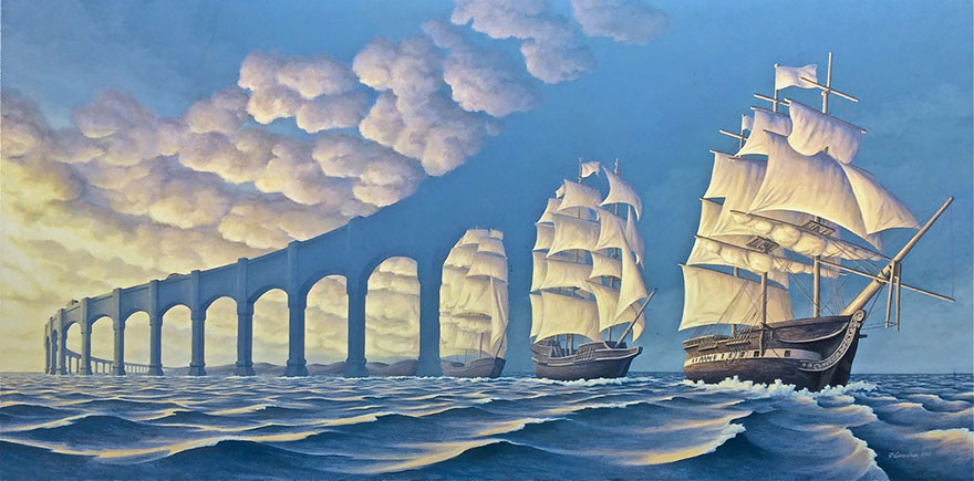 Optical illusion art by Rob Gonsalves featuring sailing ships and a bridge merging with clouds. Optical illusion art by Rob Gonsalves featuring sailing ships and a bridge merging with clouds.