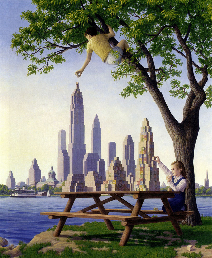 Child building a city with blocks at a picnic table, blending into a skyline; an optical illusion artwork by Rob Gonsalves. Child building a city with blocks at a picnic table, blending into a skyline; an optical illusion artwork by Rob Gonsalves.
