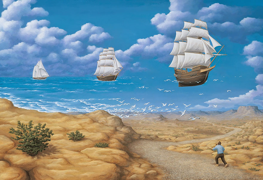 Optical illusion art featuring flying ships transforming into clouds by Rob Gonsalves. Optical illusion art featuring flying ships transforming into clouds by Rob Gonsalves.