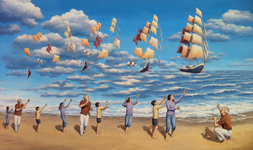 People flying kites that transform into sailing ships in a surreal optical illusion art piece by Rob Gonsalves. People flying kites that transform into sailing ships in a surreal optical illusion art piece by Rob Gonsalves.