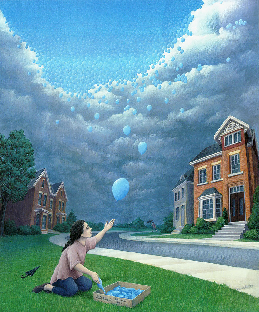 A woman releases blue balloons blending into a clouded sky, creating an optical illusion art piece by Rob Gonsalves. A woman releases blue balloons blending into a clouded sky, creating an optical illusion art piece by Rob Gonsalves.