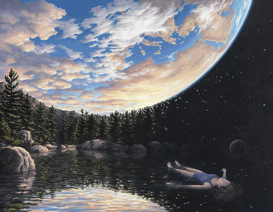 Optical illusion art by Rob Gonsalves featuring a woman floating seamlessly between a lake and a starry sky. Optical illusion art by Rob Gonsalves featuring a woman floating seamlessly between a lake and a starry sky.