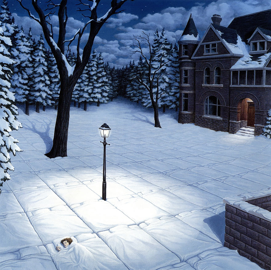 Optical illusion art by Rob Gonsalves of a snowy forest transitioning into a quilted bed with a sleeping child and a lamppost. Optical illusion art by Rob Gonsalves of a snowy forest transitioning into a quilted bed with a sleeping child and a lamppost.