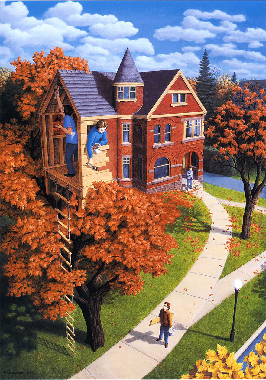 Optical illusion showing a treehouse blending seamlessly with a brick house, created by Rob Gonsalves. Optical illusion showing a treehouse blending seamlessly with a brick house, created by Rob Gonsalves.