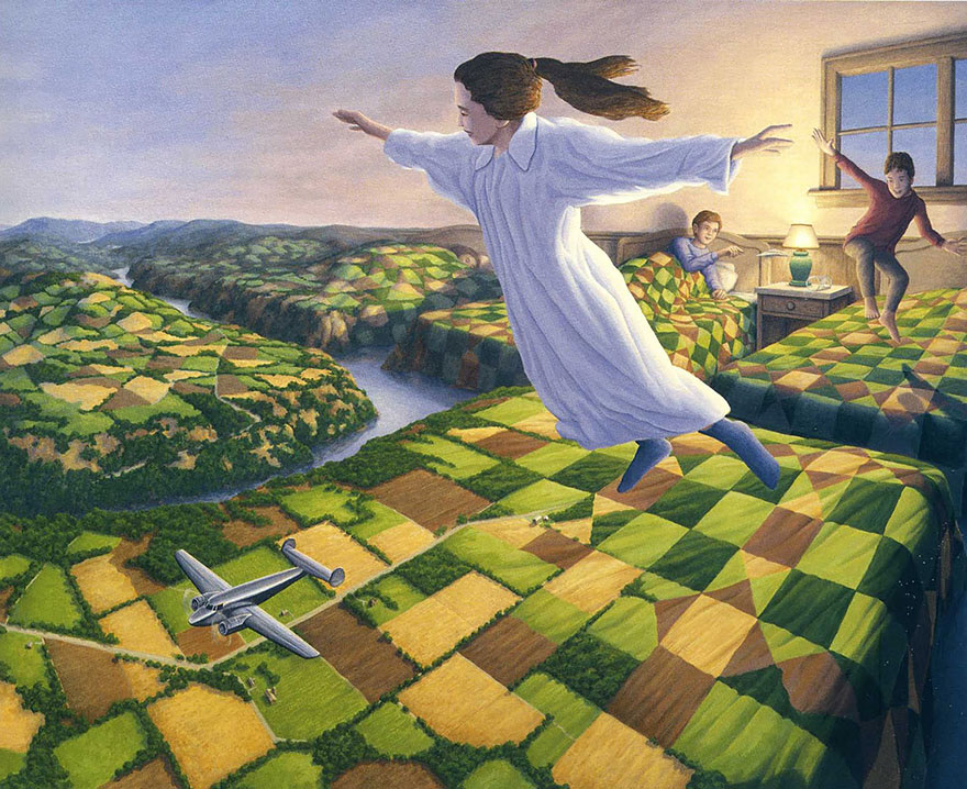 Children jumping on beds turning into fields, showcasing Rob Gonsalves' optical illusion art. Children jumping on beds turning into fields, showcasing Rob Gonsalves' optical illusion art.