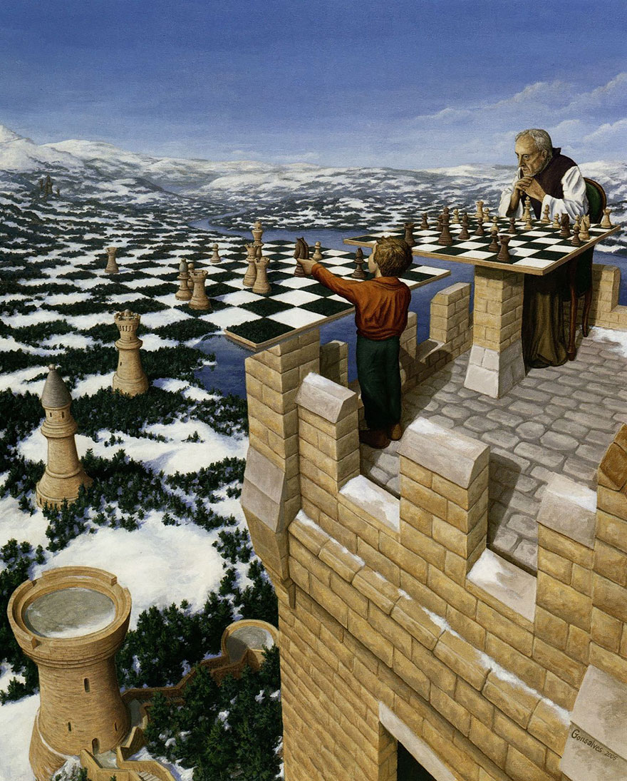 Optical illusion art by Rob Gonsalves shows a chess game blending into a snowy landscape with towers. Optical illusion art by Rob Gonsalves shows a chess game blending into a snowy landscape with towers.