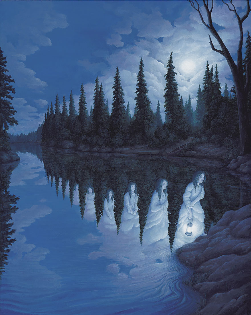 Optical illusion art by Rob Gonsalves depicts figures emerging from a forest reflected in water. Optical illusion art by Rob Gonsalves depicts figures emerging from a forest reflected in water.