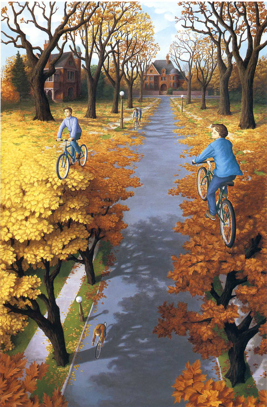 Optical illusion art by Rob Gonsalves: cyclists appear to ride on tree tops and a road simultaneously. Optical illusion art by Rob Gonsalves: cyclists appear to ride on tree tops and a road simultaneously.