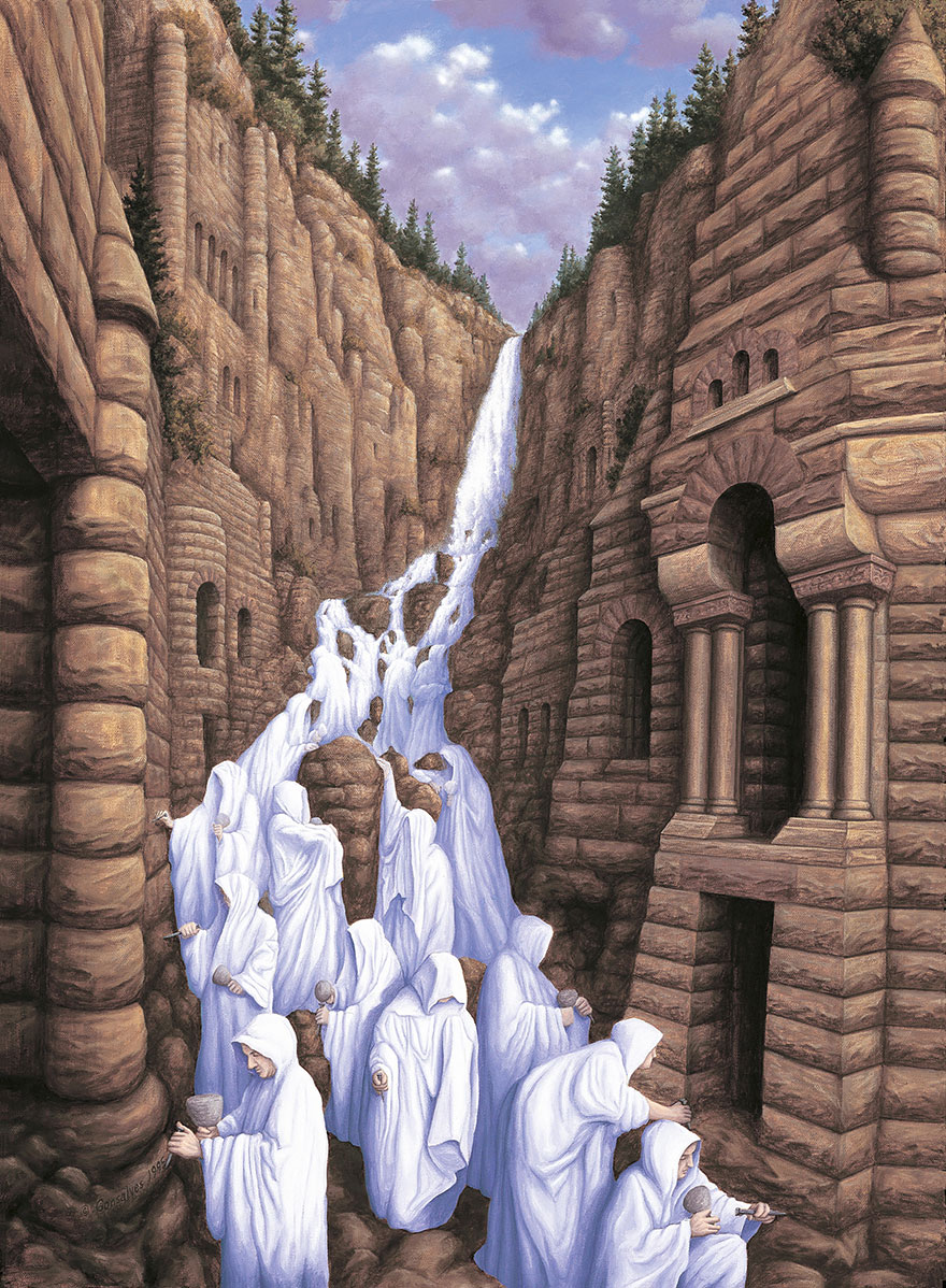 Optical illusion artwork by Rob Gonsalves: figures in white robes blend with a waterfall cascading through a canyon. Optical illusion artwork by Rob Gonsalves: figures in white robes blend with a waterfall cascading through a canyon.
