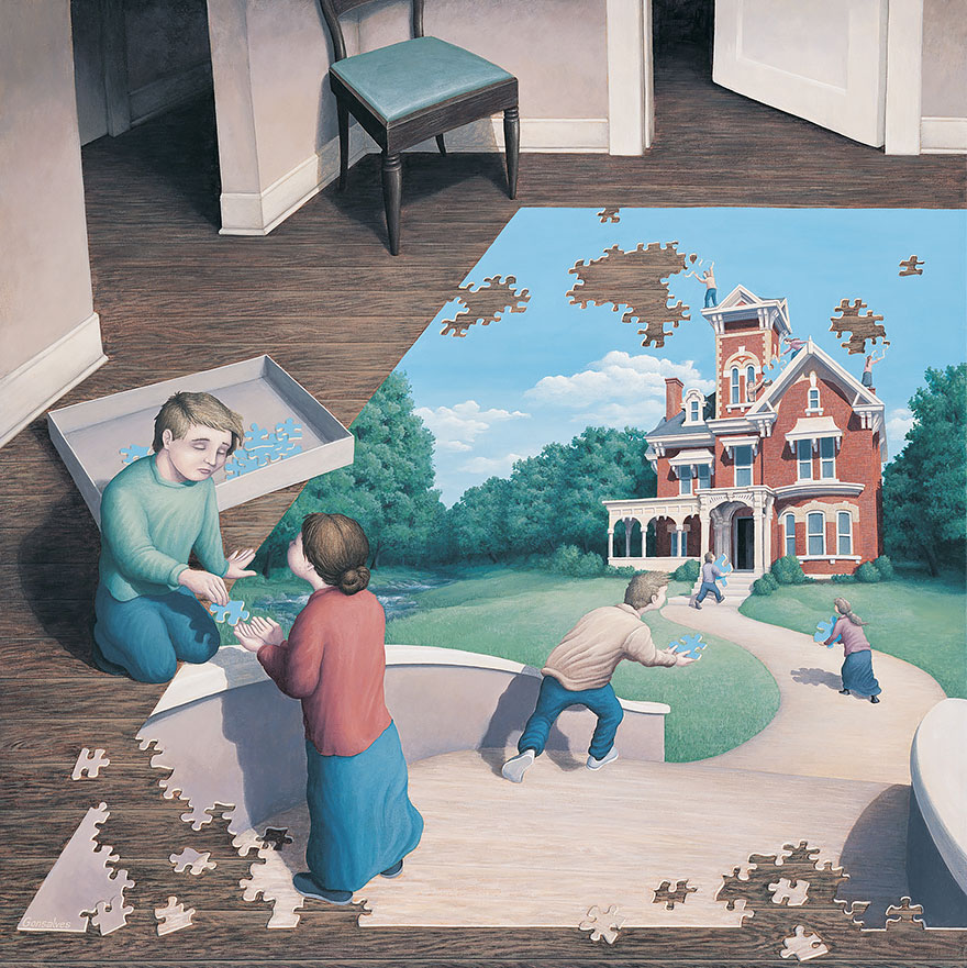 Optical illusion art by Rob Gonsalves showing a puzzle merging with a scene of people constructing a house. Optical illusion art by Rob Gonsalves showing a puzzle merging with a scene of people constructing a house.