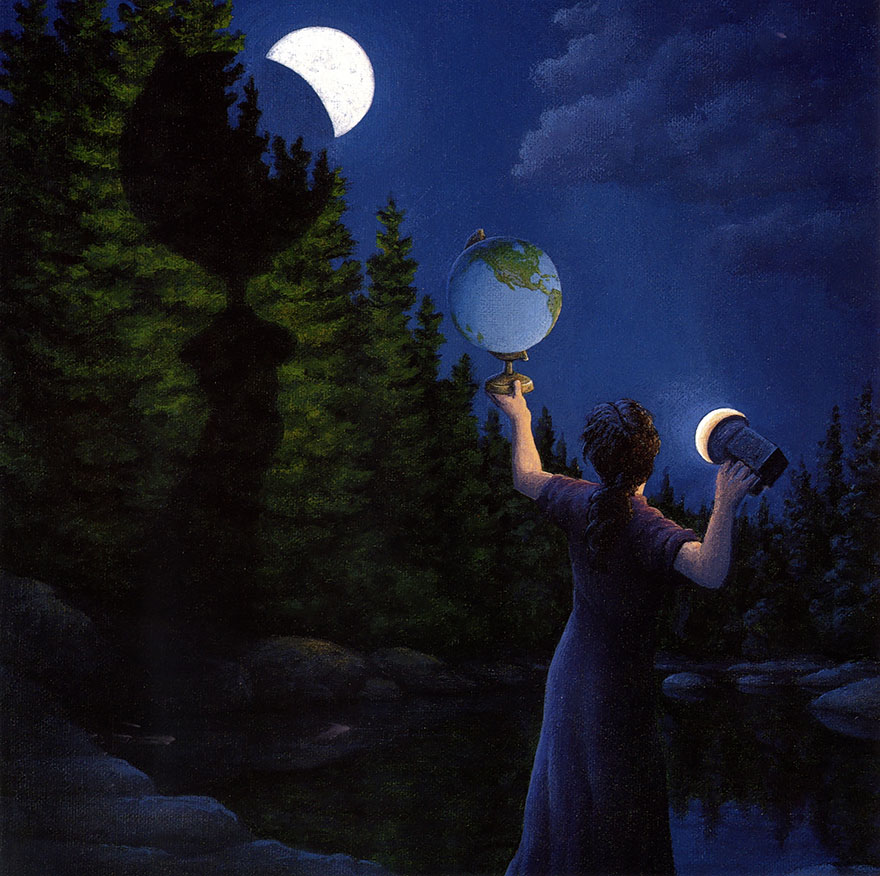 Person holding a globe and flashlight, creating an optical illusion with forest shadows under a night sky. Person holding a globe and flashlight, creating an optical illusion with forest shadows under a night sky.