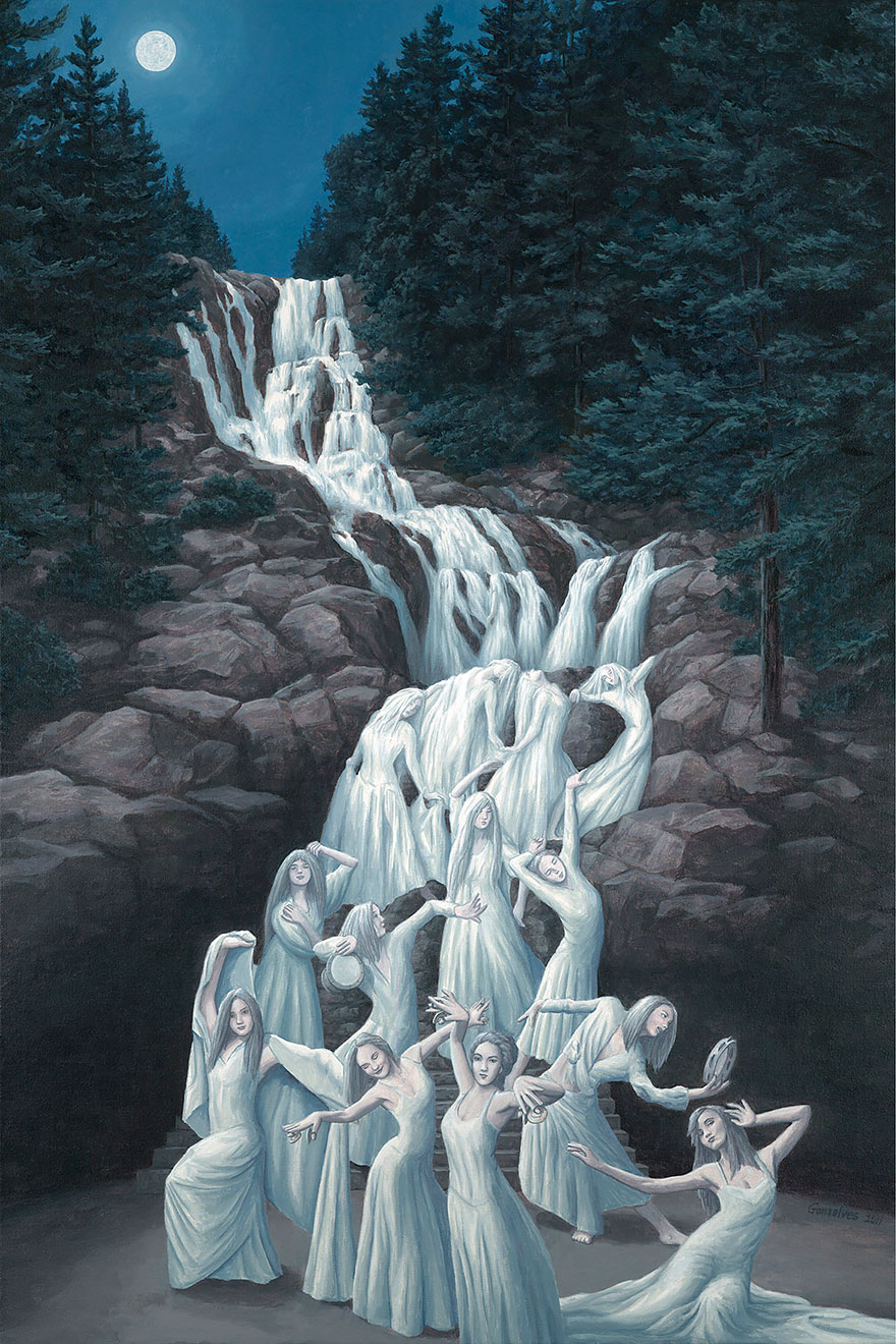 Optical illusion art by Rob Gonsalves depicting dancers seamlessly merging into a flowing waterfall under a moonlit sky. Optical illusion art by Rob Gonsalves depicting dancers seamlessly merging into a flowing waterfall under a moonlit sky.