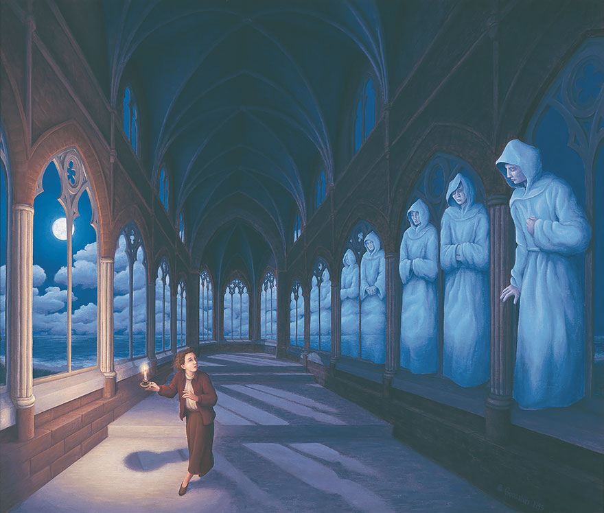Person holding a candle in an illusionary corridor with robed figures, showcasing optical illusion art by Rob Gonsalves. Person holding a candle in an illusionary corridor with robed figures, showcasing optical illusion art by Rob Gonsalves.