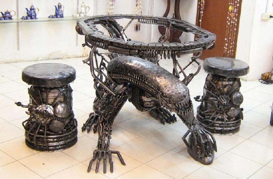 Alien Table, Life Size, By Scrap Metal Art Thailand