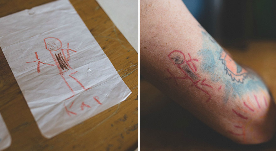 Child's drawing next to matching tattoo on dad's arm, showcasing their creative bond.