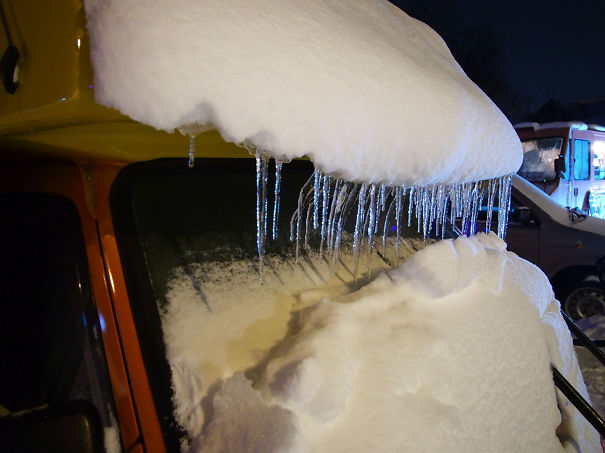 Icicles That Curve Inwards On The Car's Windscreen At Niseko, Japan.