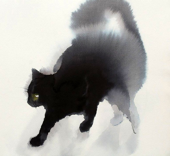 Gloomy Watercolor Cats Slowly Bleeding Into The Paper