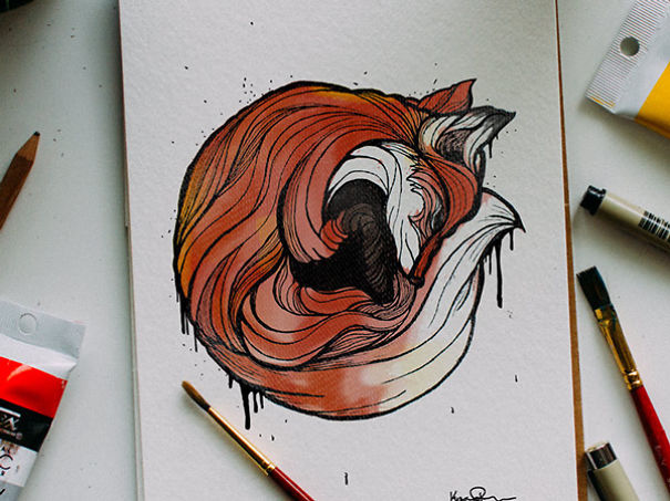 Watercolor painting of a curled fox illustrating animal letter A day to teach the alphabet with art supplies nearby. Watercolor painting of a curled fox illustrating animal letter A day to teach the alphabet with art supplies nearby.