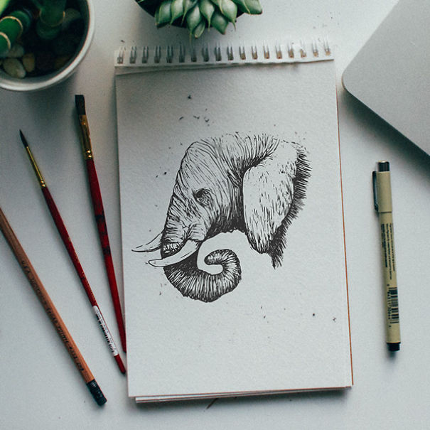 Sketchbook with a detailed animal drawing of an elephant, paintbrushes, and a pen on a white desk for animal letter A day. Sketchbook with a detailed animal drawing of an elephant, paintbrushes, and a pen on a white desk for animal letter A day.