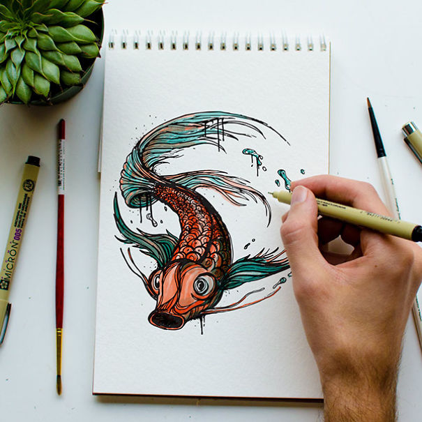 Hand drawing a colorful fish on a sketchpad, illustrating an animal for letter A to teach the alphabet creatively. Hand drawing a colorful fish on a sketchpad, illustrating an animal for letter A to teach the alphabet creatively.