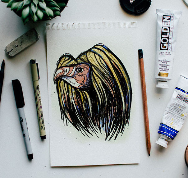 Colorful hand-drawn animal illustration of eagle head with drawing tools on white paper for animal letter A day teaching. Colorful hand-drawn animal illustration of eagle head with drawing tools on white paper for animal letter A day teaching.