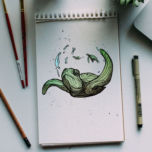 Sketchbook page with a detailed drawing of a sea turtle, illustrating animal letter A for alphabet learning. Sketchbook page with a detailed drawing of a sea turtle, illustrating animal letter A for alphabet learning.