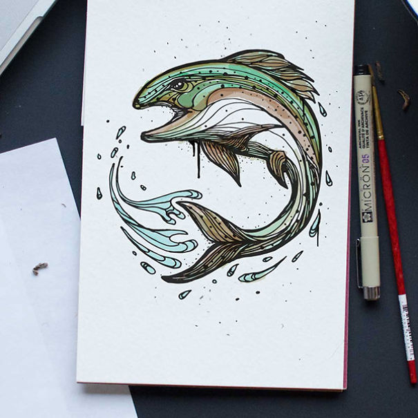 Illustration of a colorful fish with water splash, drawn as part of animal letter A day to teach the alphabet. Illustration of a colorful fish with water splash, drawn as part of animal letter A day to teach the alphabet.