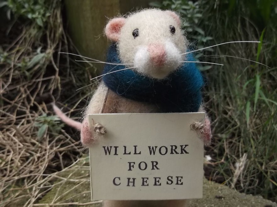 Needle Felted Homeless Mouse - Will Work For Cheese