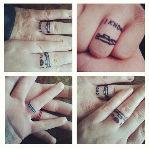 Matching couple tattoos on fingers with phrases and designs for lovers.