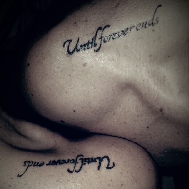 Matching couple tattoos reading "Until forever ends" on skin.