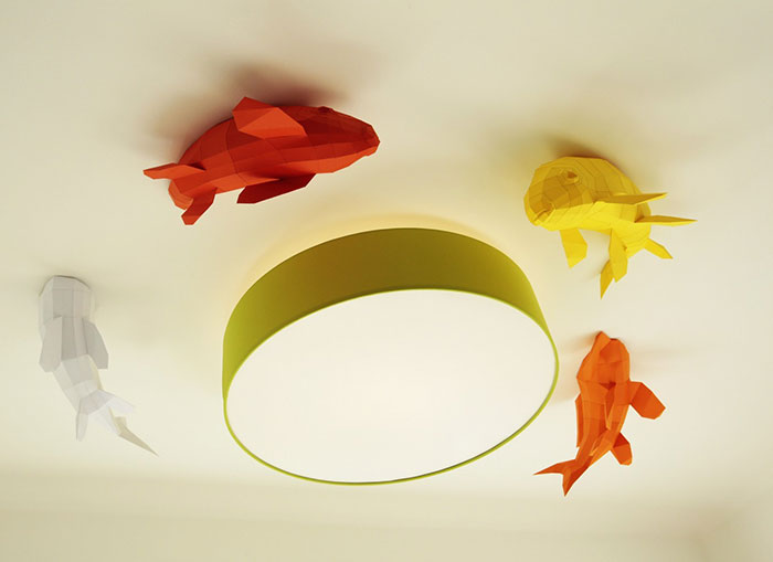 Ceiling Installation Of Koi Fishes Diving In And Out Of The Ceiling