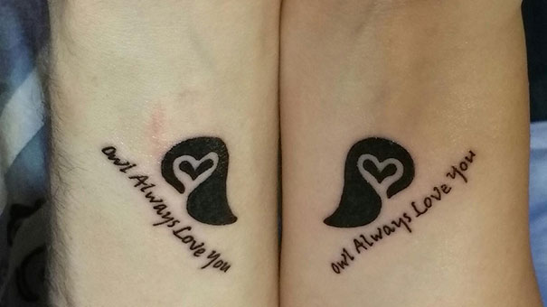 Matching couple tattoos with heart designs and "Always Love You" text on forearms.