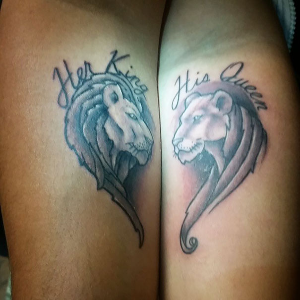 Matching couple tattoos of a lion and lioness labeled "Her King" and "His Queen."