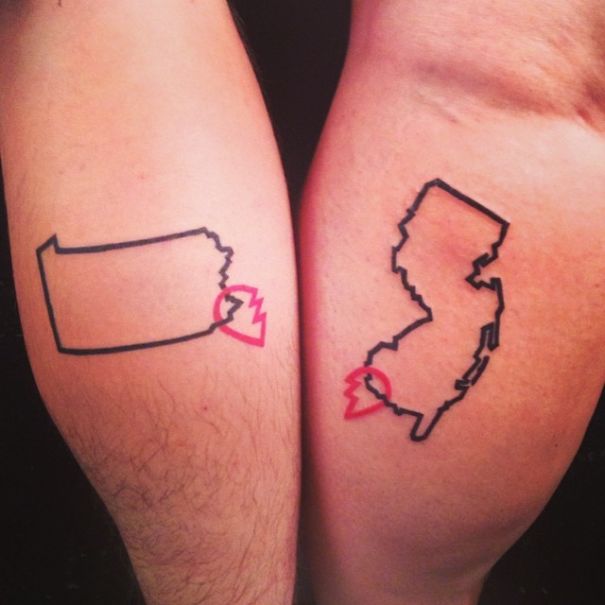 Matching couple tattoos of Pennsylvania and New Jersey borders with red heart designs.