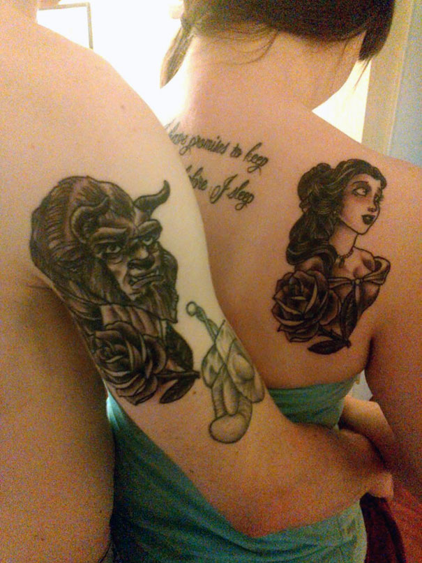 Matching couple tattoos featuring Beauty and the Beast designs on shoulders.